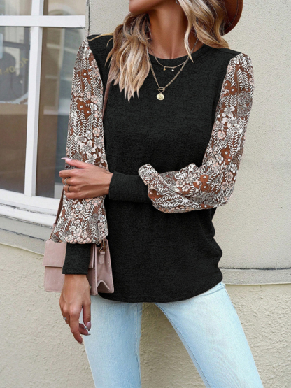 Women's elegant commuter round collared patchwork long-sleeved top-chiquechics