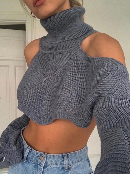 New sexy off-shoulder short sweater hot girl turtleneck pullover sweater-chiquechics