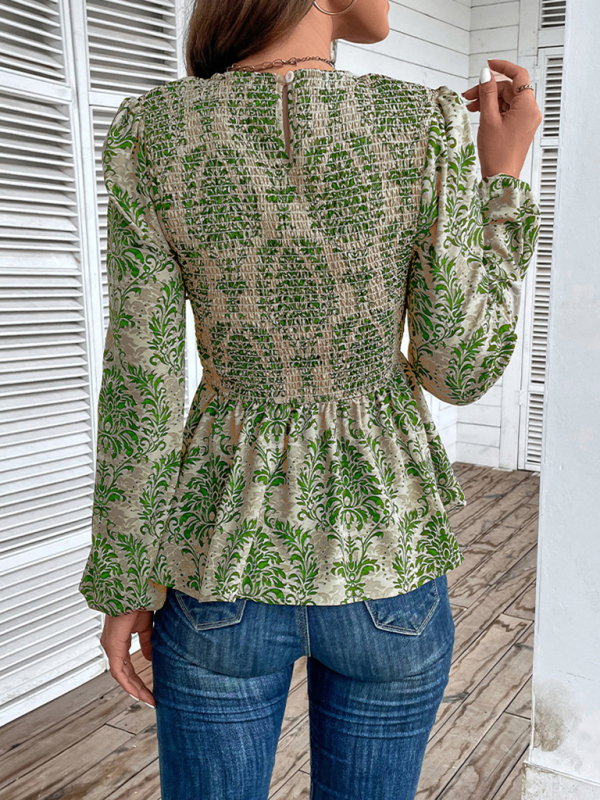 Ladies New Round Neck Elegant Slim Long Sleeve Print