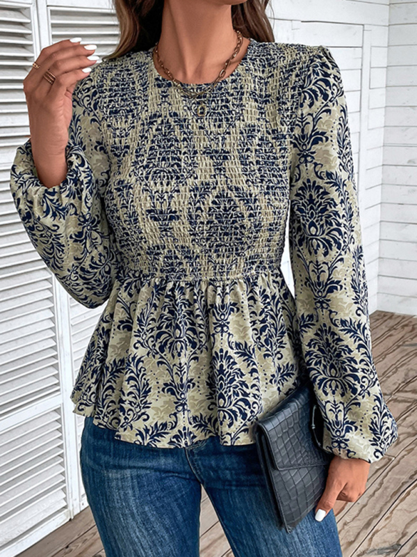 Ladies New Round Neck Elegant Slim Long Sleeve Print