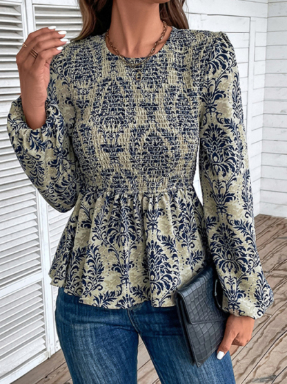 Ladies New Round Neck Elegant Slim Long Sleeve Print