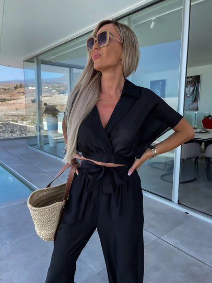New style comfortable and casual deep v solid color waist tie straight pants suit-chiquechics