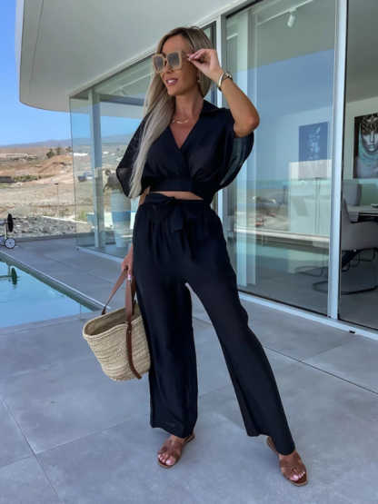 New style comfortable and casual deep v solid color waist tie straight pants suit-chiquechics