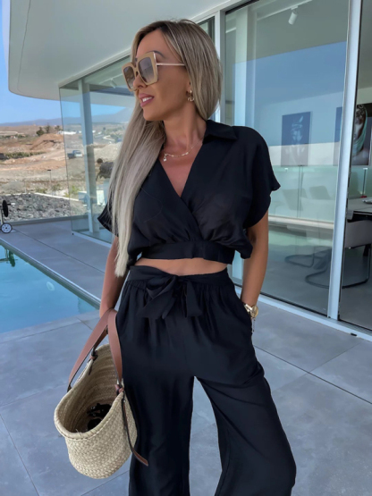 New style comfortable and casual deep v solid color waist tie straight pants suit-chiquechics