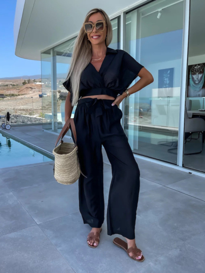 New style comfortable and casual deep v solid color waist tie straight pants suit-chiquechics