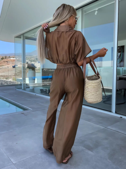 New style comfortable and casual deep v solid color waist tie straight pants suit-chiquechics