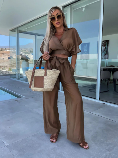 New style comfortable and casual deep v solid color waist tie straight pants suit-chiquechics