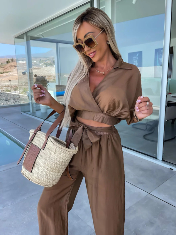 New style comfortable and casual deep v solid color waist tie straight pants suit-chiquechics