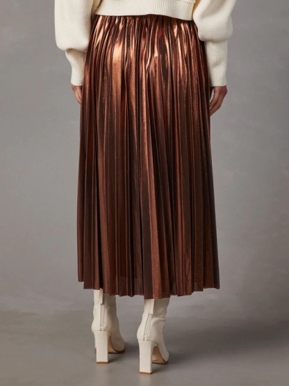 New shiny pleated high-waisted A-line mid-length skirt-chiquechics