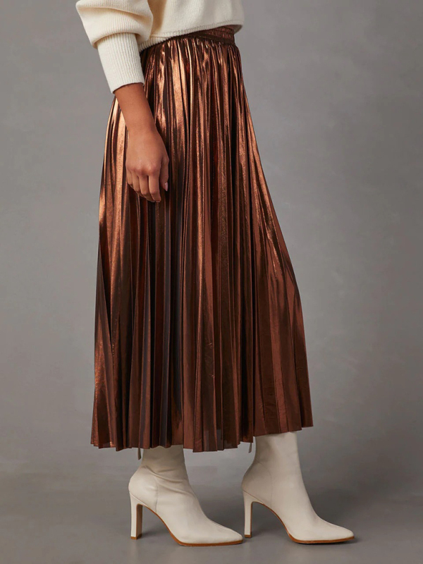 New shiny pleated high-waisted A-line mid-length skirt-chiquechics