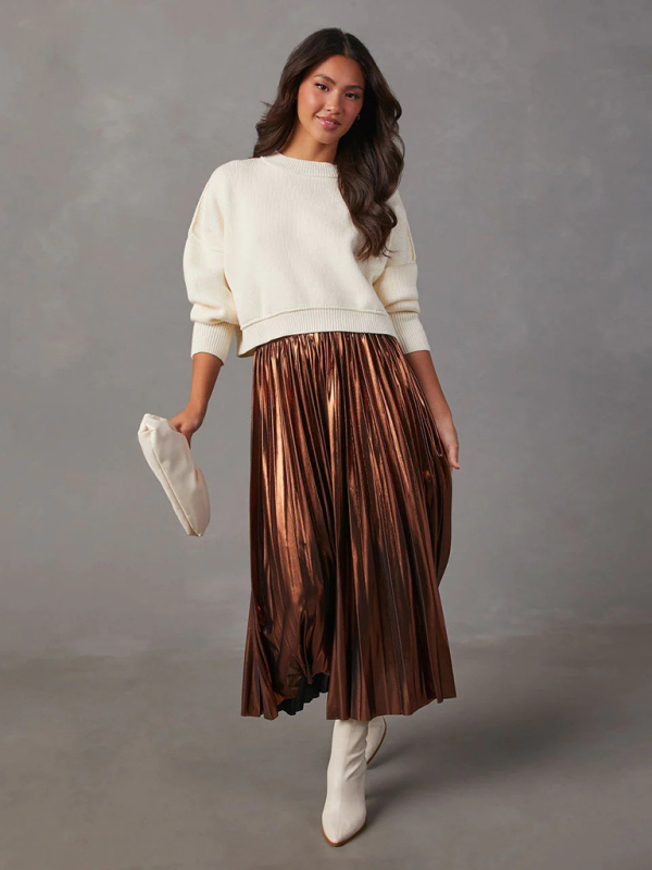 New shiny pleated high-waisted A-line mid-length skirt-chiquechics