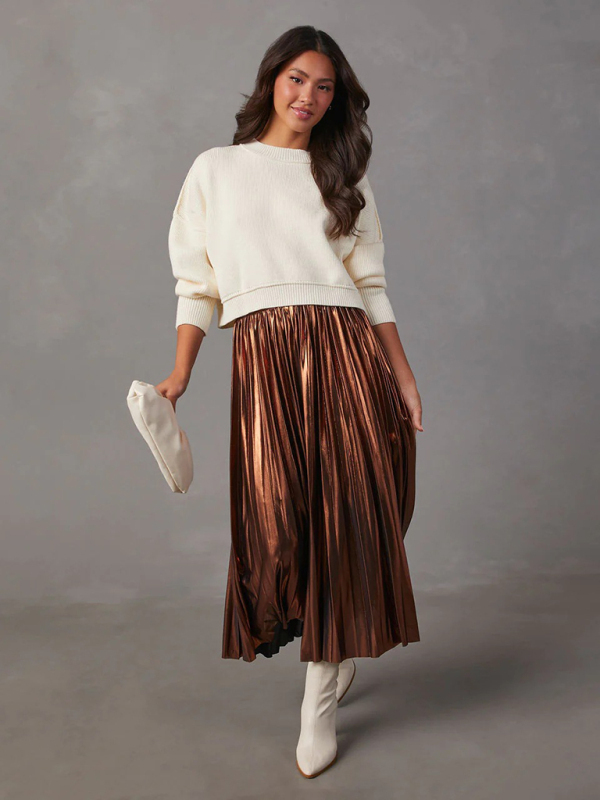 New shiny pleated high-waisted A-line mid-length skirt-chiquechics