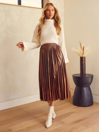 New shiny pleated high-waisted A-line mid-length skirt-chiquechics