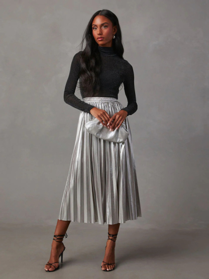 New shiny pleated high-waisted A-line mid-length skirt-chiquechics