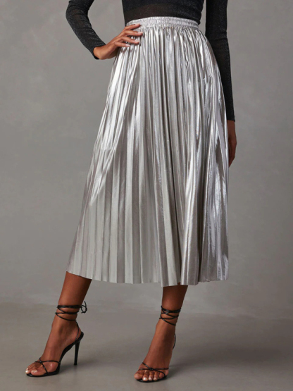 New shiny pleated high-waisted A-line mid-length skirt-chiquechics