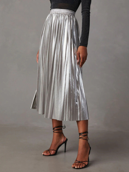 New shiny pleated high-waisted A-line mid-length skirt-chiquechics