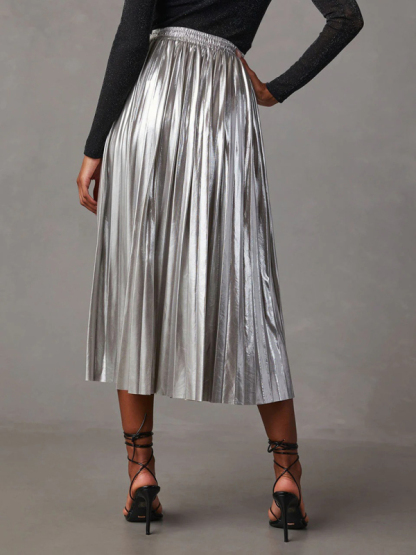 New shiny pleated high-waisted A-line mid-length skirt-chiquechics