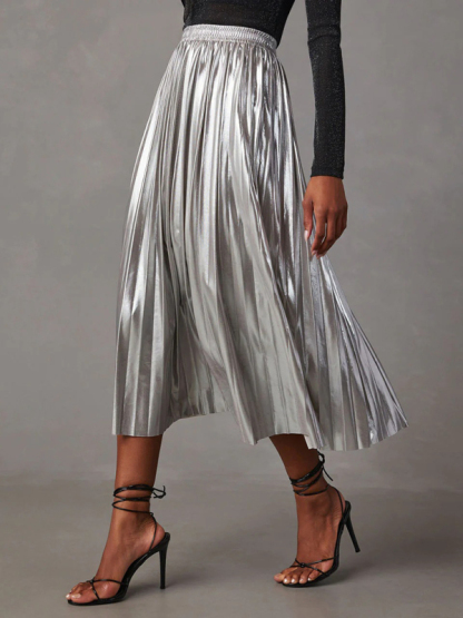 New shiny pleated high-waisted A-line mid-length skirt-chiquechics