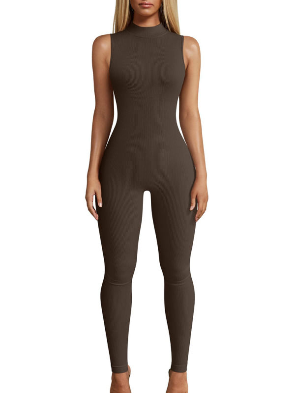 Women's Yoga Jumpsuit Slim Fit Ribbed Sleeveless Turtleneck Top Sports Jumpsuit-chiquechics