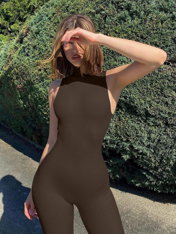Women's Yoga Jumpsuit Slim Fit Ribbed Sleeveless Turtleneck Top Sports Jumpsuit-chiquechics