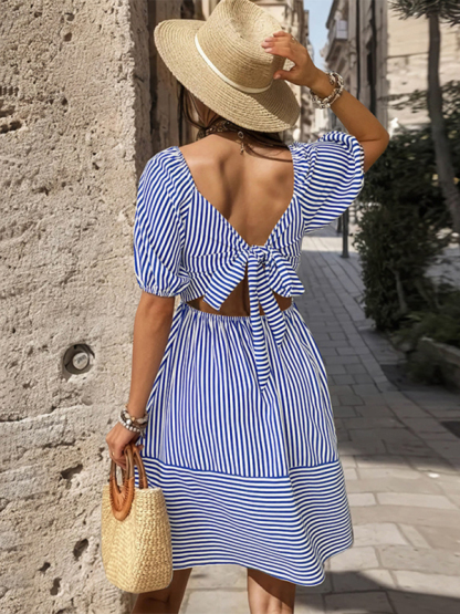New fashionable puff sleeve striped skirt lapel short sleeve strappy backless dress-chiquechics