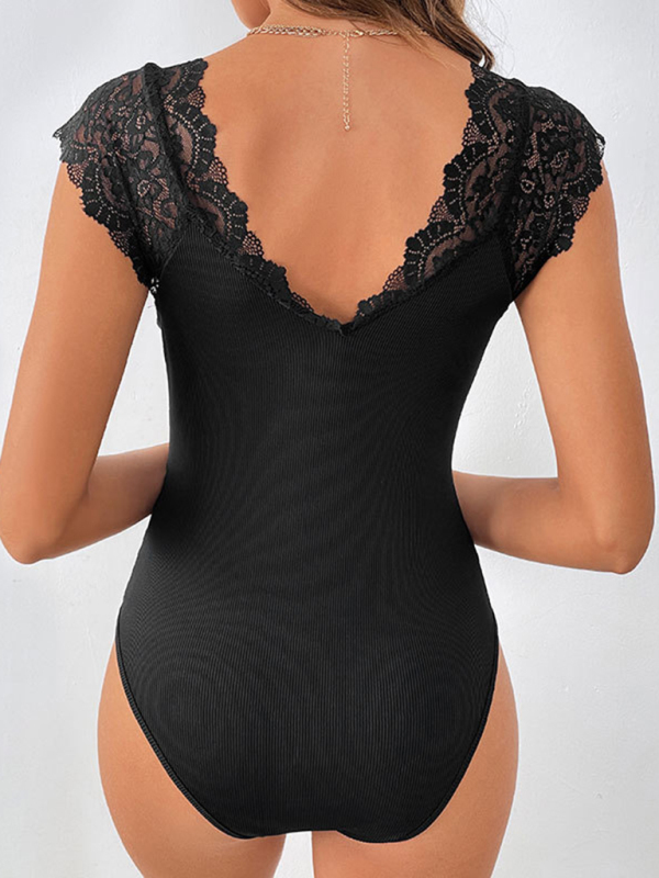 New style sexy lace stitching large V-neck bodysuit-chiquechics