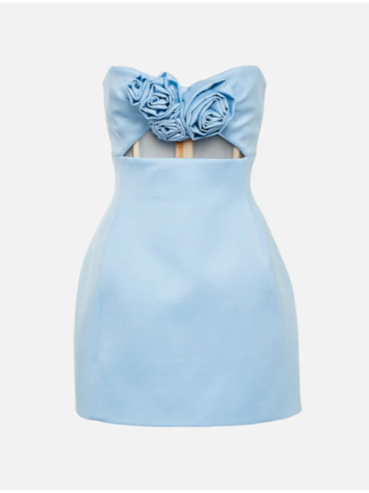 New women's clothing sexy solid color 3D flower decorated tube top mini dress-chiquechics