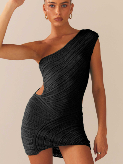 Hollow sexy tight short skirt with hollowed waist and one shoulder patchwork dress-chiquechics
