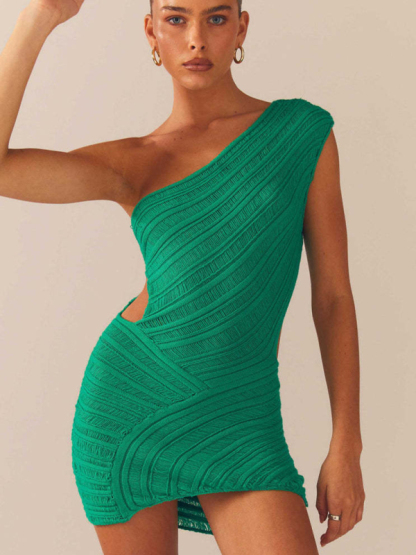 Hollow sexy tight short skirt with hollowed waist and one shoulder patchwork dress-chiquechics