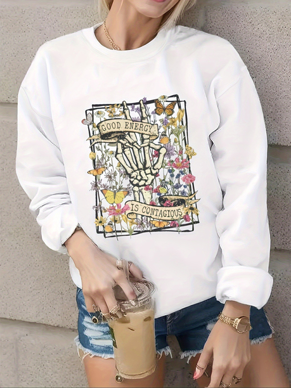 New fashionable loose sports casual long-sleeved printed skull sweatshirt-chiquechics