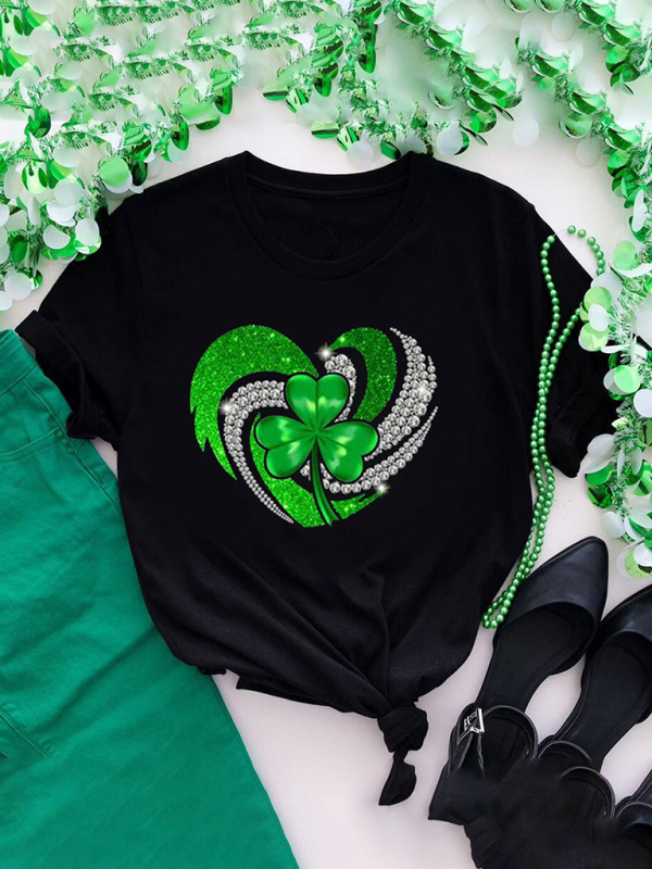 New fun green clover print loose pullover short-sleeved T-shirt-chiquechics