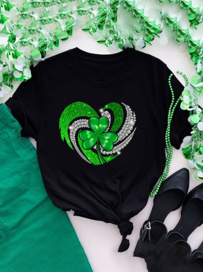 New fun green clover print loose pullover short-sleeved T-shirt-chiquechics