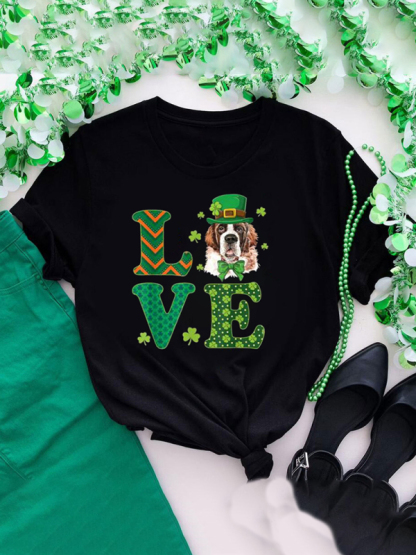 New fun green clover print loose pullover short-sleeved T-shirt-chiquechics