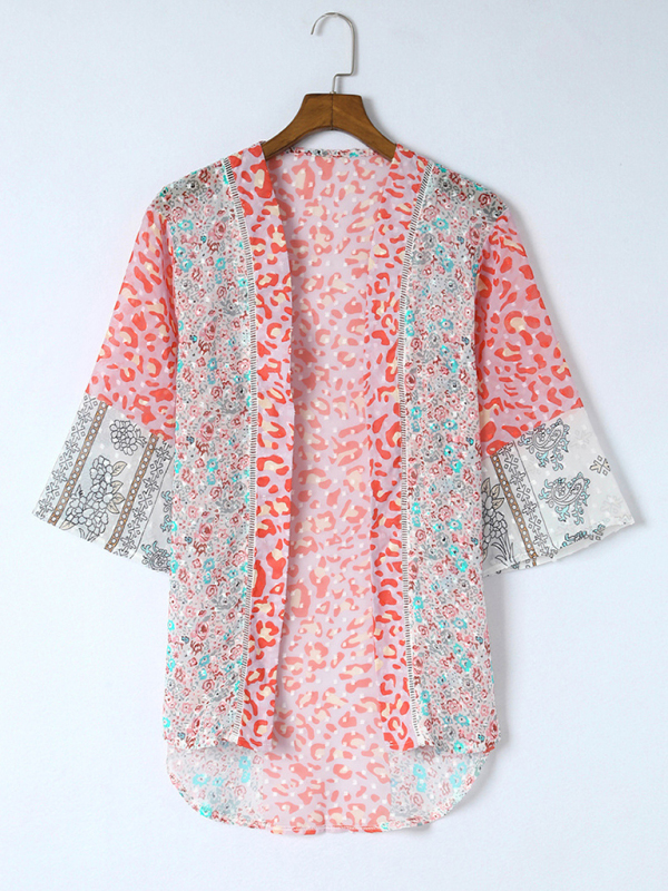 New plant floral print chiffon shirt casual buttonless cardigan top-chiquechics