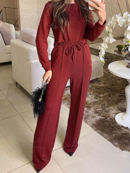 New fashionable long-sleeved T-shirt tops straight-leg trousers two-piece suit-chiquechics