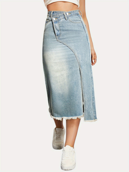 Versatile American retro denim fashionable slit splicing mid-length a-line skirt-chiquechics