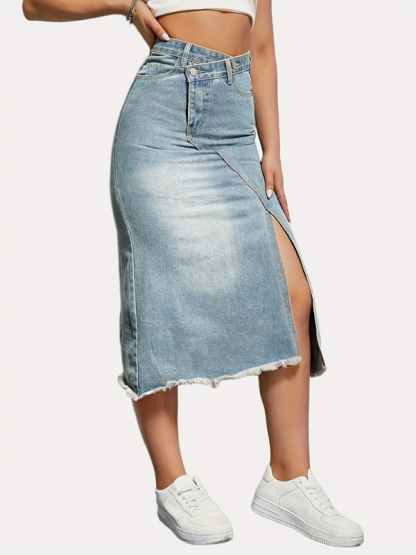 Versatile American retro denim fashionable slit splicing mid-length a-line skirt-chiquechics