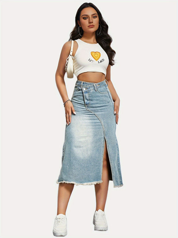Versatile American retro denim fashionable slit splicing mid-length a-line skirt-chiquechics