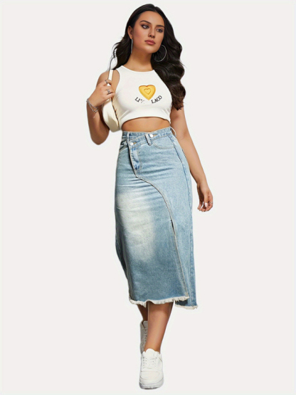 Versatile American retro denim fashionable slit splicing mid-length a-line skirt-chiquechics