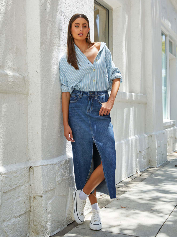 New front slit denim high waist a line mid length skirt-chiquechics