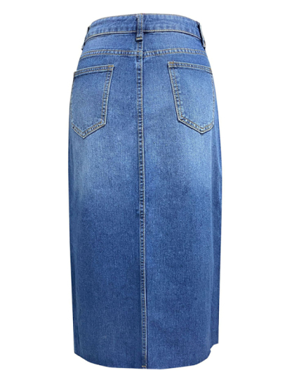 New front slit denim high waist a line mid length skirt-chiquechics