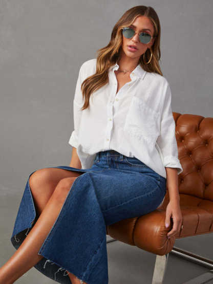 New front slit denim high waist a line mid length skirt-chiquechics