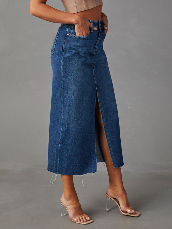 New front slit denim high waist a line mid length skirt-chiquechics