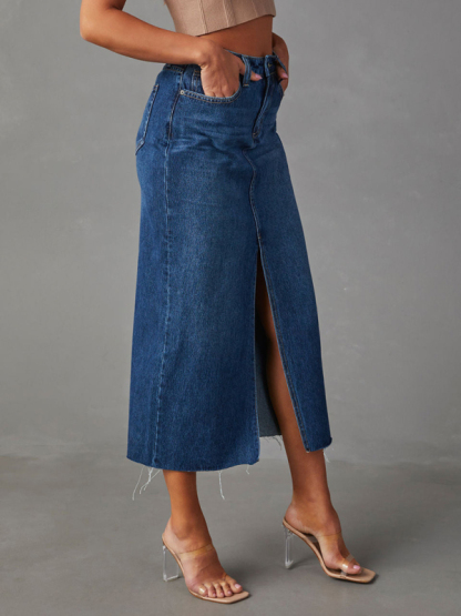 New front slit denim high waist a line mid length skirt-chiquechics
