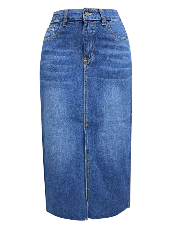 New front slit denim high waist a line mid length skirt-chiquechics