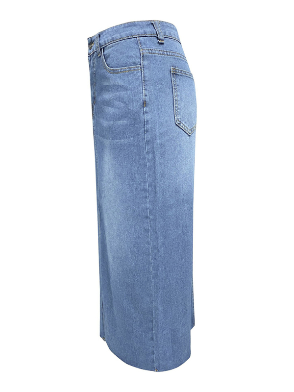 New front slit denim high waist a line mid length skirt-chiquechics