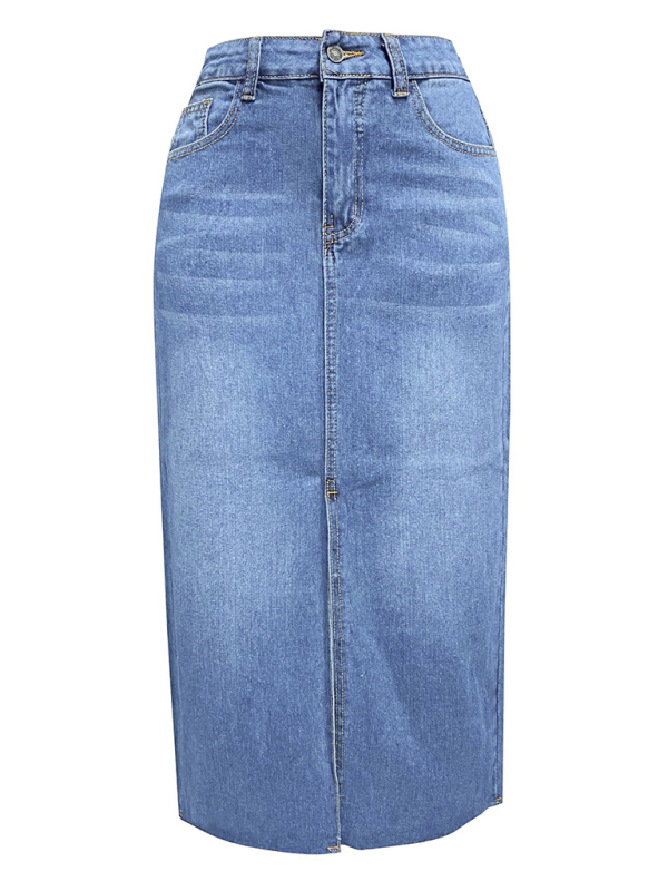 New front slit denim high waist a line mid length skirt-chiquechics