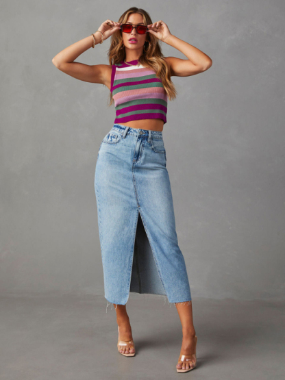 New front slit denim high waist a line mid length skirt-chiquechics