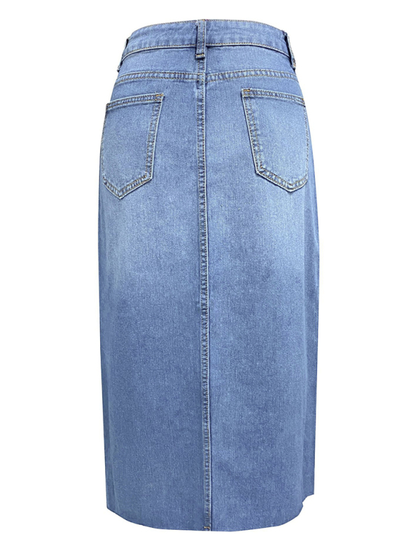 New front slit denim high waist a line mid length skirt-chiquechics