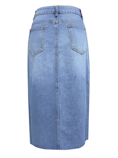 New front slit denim high waist a line mid length skirt-chiquechics